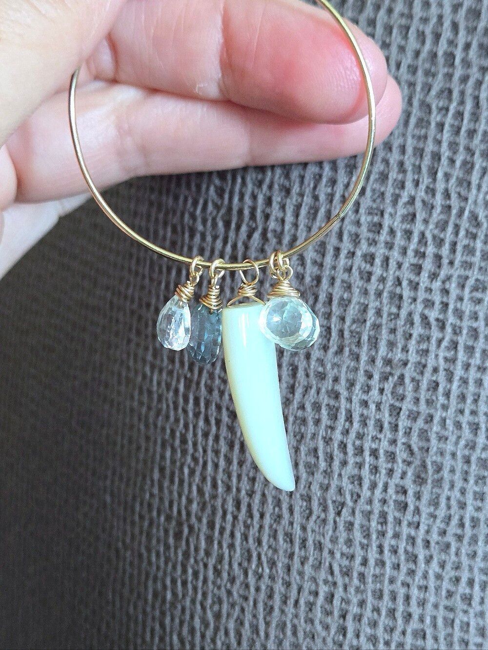 Open Gold💛 Circle⭕️ Earrings with Mother of Pearl Horn📯 and Gemstones💎 - Picture 5 of 15